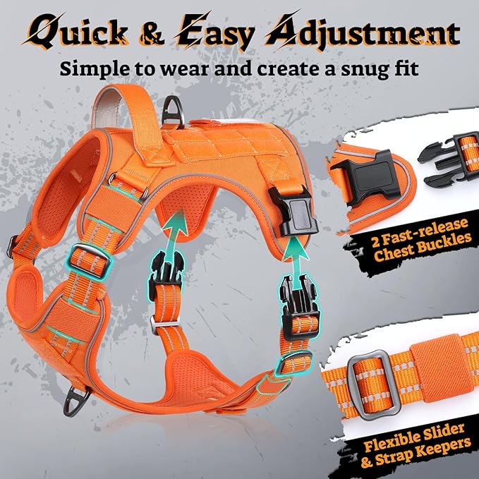rabbitgoo Dog Harness Medium Sized No Pull, Tactical Service Pet Vest with Molle and Control Handle, Adjustable and Reflective Military Harness for Easy Walking and Training, Orange, M