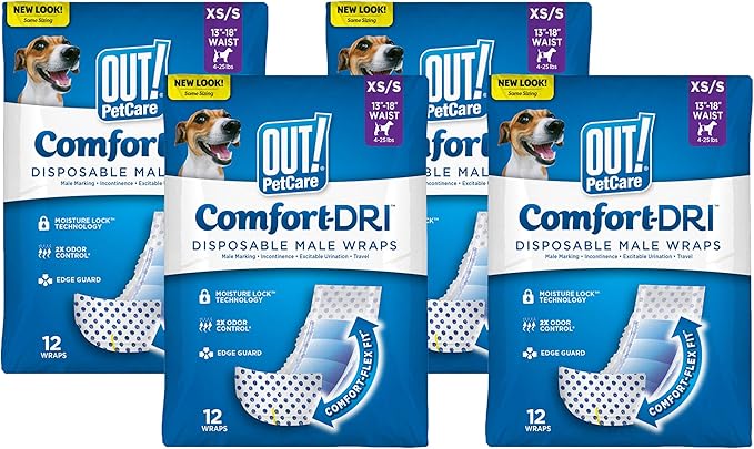 OUT! Pet Care Disposable Male Dog Diapers | Absorbent Male Wraps with Leak Proof Fit | XS/Small, 12 Count (Pack of 4)