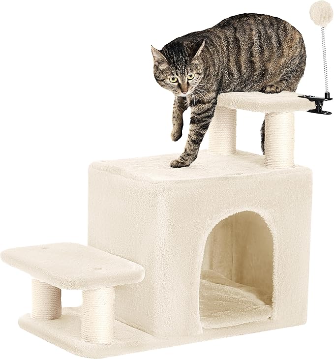 Happi N Pets Dog Stairs with Cat Scratching Post & Large Condo, Stable Pet Steps for High Beds Couch, 3 Combinations Cat Ramp Tree Tower for Cats or Small Dogs, Removable Cushion & Bonus Toy, Beige