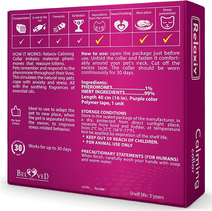 Cat Calming Collar & Pet Anti Anxiety Products - Feline Calm Pheromones Collars & Cats Stress Relief - Relaxivet Comfort Helps with Pee, New Zone, Aggression, Fighting with Dogs & Other Behavior