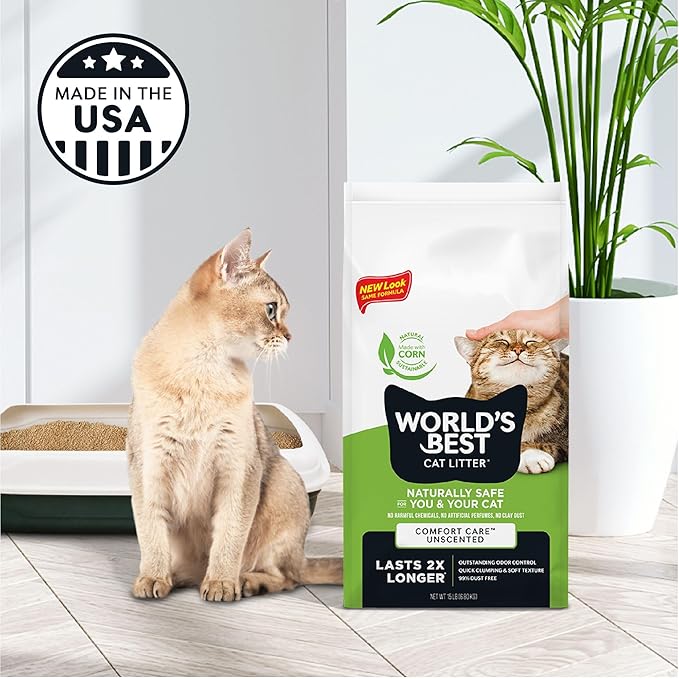 WORLD'S BEST CAT LITTER Comfort Care Unscented, 32-Pounds - Natural Ingredients, Quick Clumping, Flushable, 99% Dust Free & Made in USA - Long-Lasting Odor Control & Easy Scooping