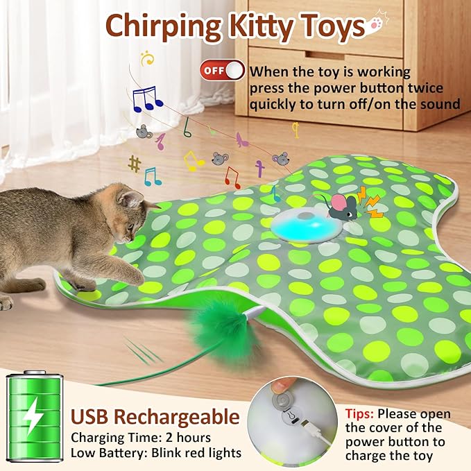 Interactive Cat Toy, Automatic Cat Toys for Indoor Cats, Hide and Seek Cat Toy with Motion Activated, Moving Feather, Chirping, USB Rechargeable