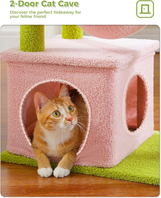 Pink Cat Tree, 47.6" Cat Tower with 2 Metal Frame Hammock, Cat Scratching Post for Indoor Cats with 2 Removable Pompom Sticks for Kittens, Pink