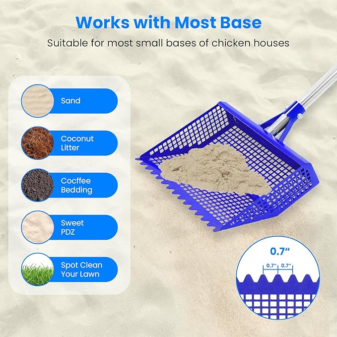 Chicken Poop Scooper Rake 2-in-1, Metal Shovel Head Chicken Coop Accessories, Adjustable 304 Stainless Steel Handle, Litter Scooper Sand Sifting for Chicken Coops Small Farm Animals(36" to 62")