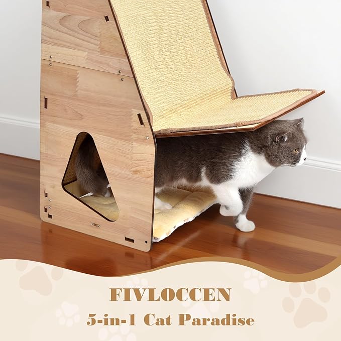 32in Cat Scratching Posts for Indoor Cats: Replaceable Sisal Mats & Sturdy 3D Wood Frame, Integrated Cat Condo, Hideout, Tunnel, All-in-One Space Saver for Multi-Cat & Budget-Friendly Homes