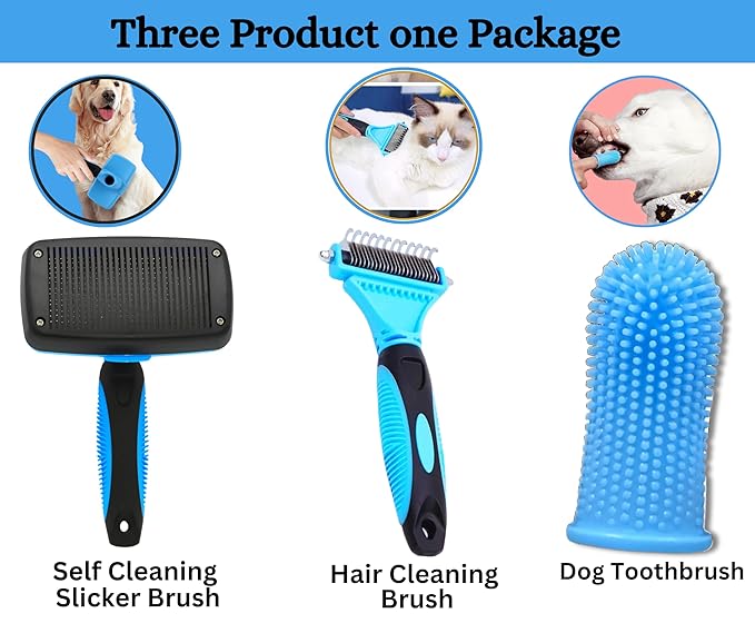 3-in 1 Dog & Cat Grooming Supplies- Self-cleaning Slicker Brush, Deshedding Rake Comb, And Finger Toothbrush For Dogs & Cats | Perfect For Pet Grooming Kit, Dematting And Dental Tool (blue)