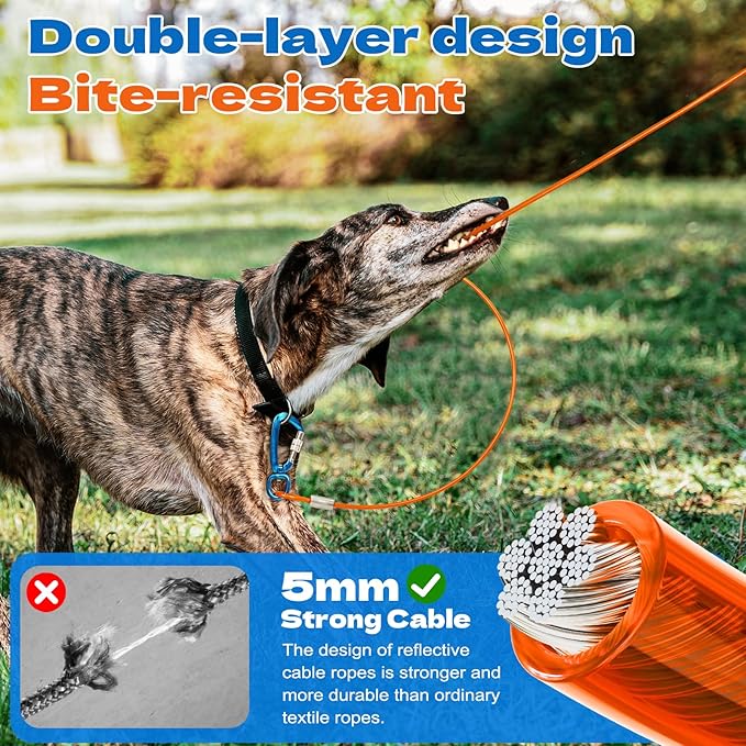 75ft Dog Runner for Yard Large Dog Heavy Duty with Double Shock Absorbers Tangle-Free Aerial Trolley System for Large Dogs Up to 250lbs(Silver)