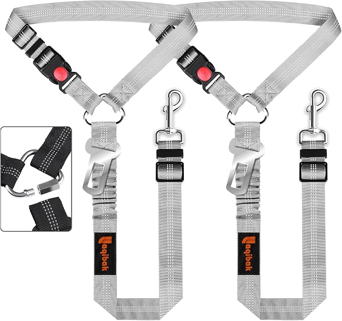 Removable Dog Seat Belt Harness for Car, 3 in 1 Pet Dog Car Seatbelt Leash, Retractable Restraint Secures to Vehicle Headrest & Adjustable Reflective Bungee Dog Seatbelt Tether, Grey