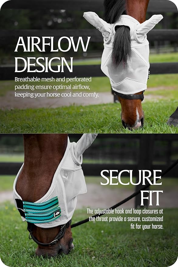 Equinavia Algard Soft Mesh Horse Fly Mask with Ear Protection and 45 UPF Rating | No Eye Irritation & UV Protection - Silver/Turquoise - Warmblood