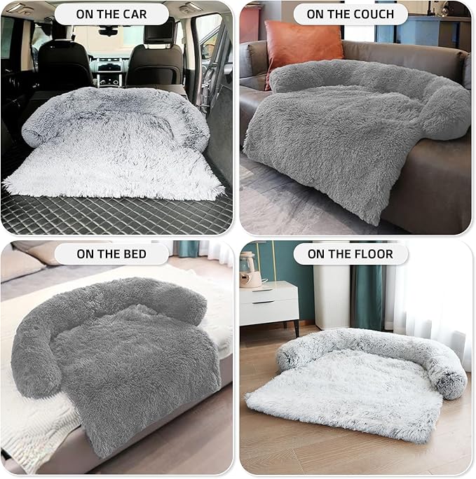 GGIB Calming Dog Bed Fluffy Plush Dog Mat for Furniture Protector with Removable Washable Cover for Large Medium Small Dogs and Cats (Medium, Grey)