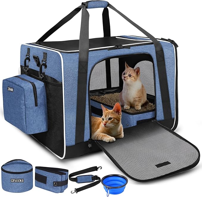 Petskd Extra Large Cat Carrier with Litter Box 24"x17"x17" for Medium Large Cat or 2 Small Cats, Collapsible Soft Sided Pet Carrier for Car Travel with Lockable Safety Zippers(Blue)