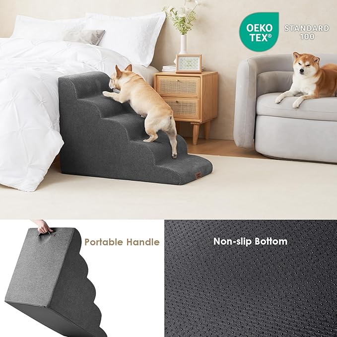 EHEYCIGA Curved Dog Stairs Ramp for High Beds, 5-Step Extra Wide Dog Steps for Small Dogs and Cats, Pet Stairs for High Bed Climbing, Non-Slip Balanced Pet Step Indoor, Grey