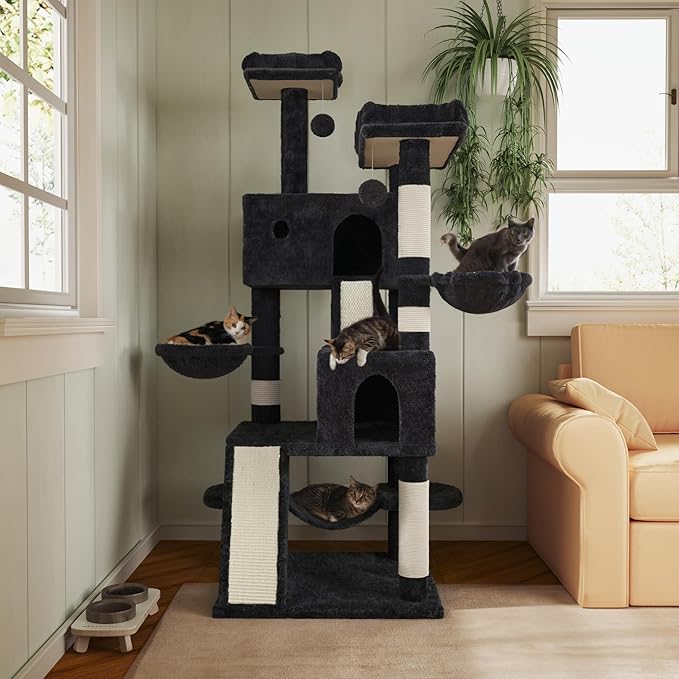 MUTICOR 66 Inches Multi-Level Large Cat Tree Tower for Indoor Big Feline/Cozy Plush Perches/Condo/Sisal Scratching Posts/Hammock and Baskets/Activity Center Play House/Wide Base/Dark Grey