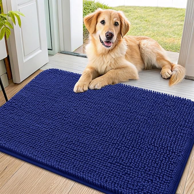 Smiry Dog Door Mat for Muddy Paws 36x24, Absorbs Moisture and Dirt Doormat, Non-Slip Washable Quick Dry Chenille Front Door Mat Indoor Entrance, Entryway Carpet for Inside Floor, Navy Blue