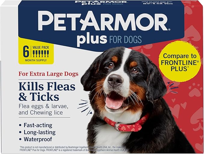 PetArmor Plus Flea and Tick Prevention for Dogs, Dog Flea and Tick Treatment, 6 Doses, Waterproof Topical, Fast Acting, X-Large Dogs (89-132 lbs)
