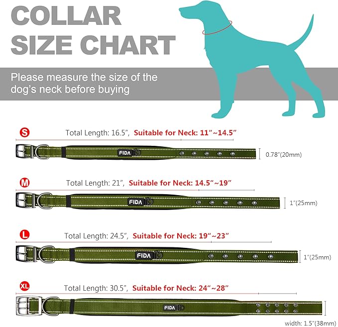 Fida Heavy Duty Dog Collar for Medium Dogs, Ultra Comfortable Soft Neoprene Padded, Adjustable Reflective Nylon Pet Collar with Durable Metal Belt Buckle for Medium Breeds (M, Green)