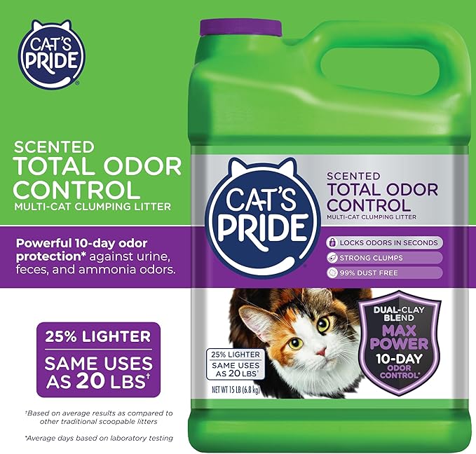 Cat's Pride Max Power: Total Odor Control - Up to 10 Days of Powerful Odor Control - Strong Clumping - 99% Dust Free - Multi-Cat Litter, Scented, 15 Pounds