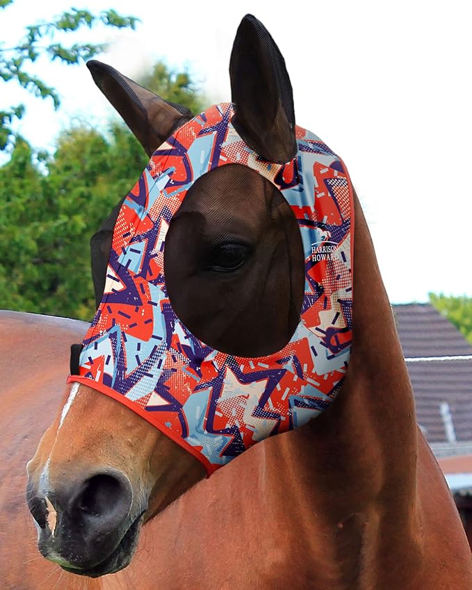 Harrison Howard Super Comfort Stretchy Fly Mask Large Eye Space with UV Protection Soft on Skin with Breathability Orange Geo Print S