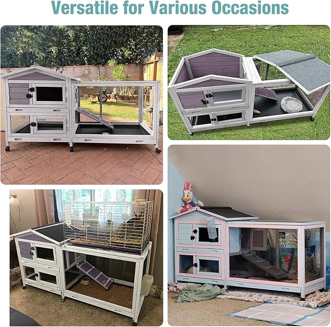 62" Rabbit Hutch with Chew-Proof Ramp & Waterproof Roof - Indoor/Outdoor Bunny Cage, 2-Story Design, 6 Lockable Caster Wheels & Dual Pull-Out Trays (Grey)