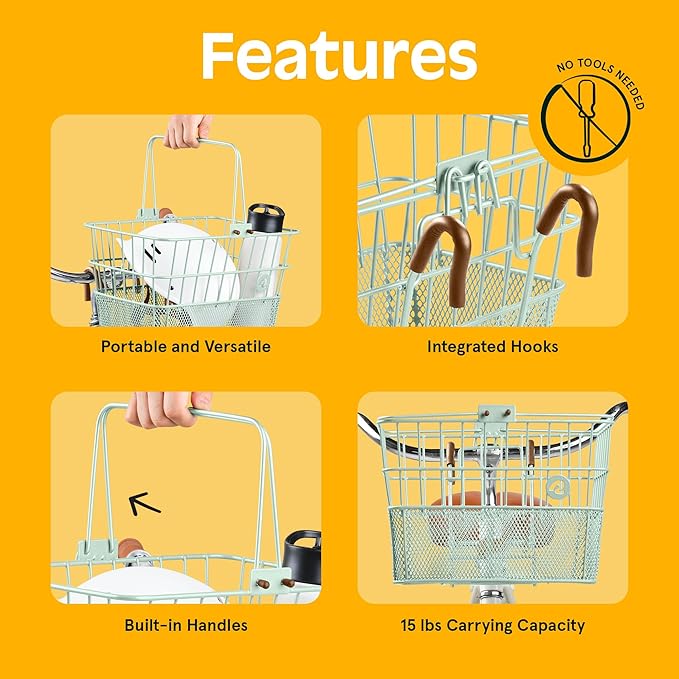 Retrospec Apollo Detachable Front Bike Basket Steel Half-Mesh with Integrated Detachable Hooks and Built-In Handle, Easy Assembly and Portability for Bicycles