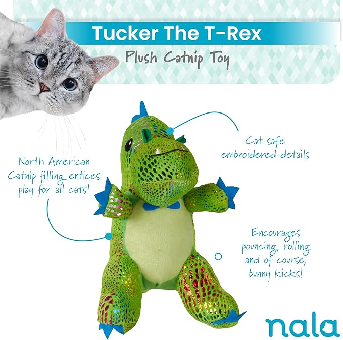 Caitec Presents Nala Cat Tucker The T-Rex Dino - Catnip Toy - Interactive Cat Toy - Chew Toy - Pillow Toy, 2 Pack