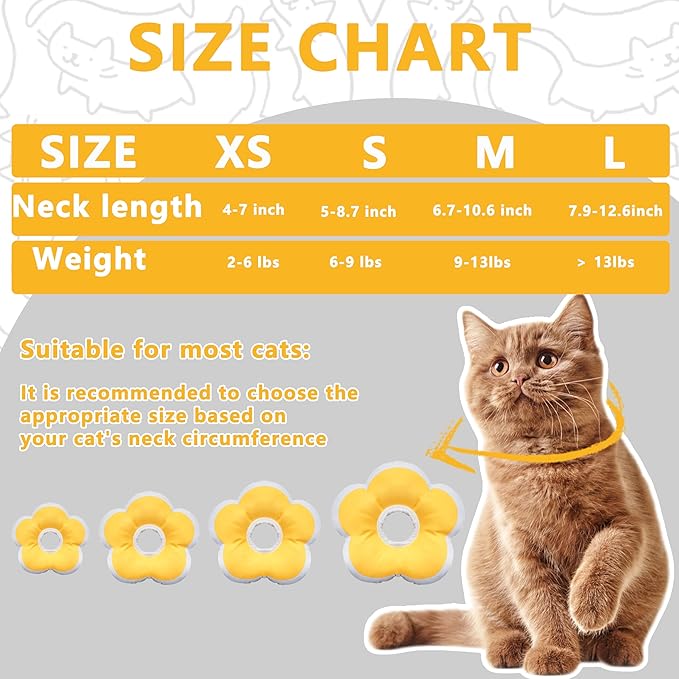 Cat Cone Collar Soft, Waterproof Cats Cones to Stop Licking After Surgery, Adjustable Soft Elizabeth Cats Collars for Wound Healing, Flower Shape Cat Recovery Collar (Yellow, Medium)