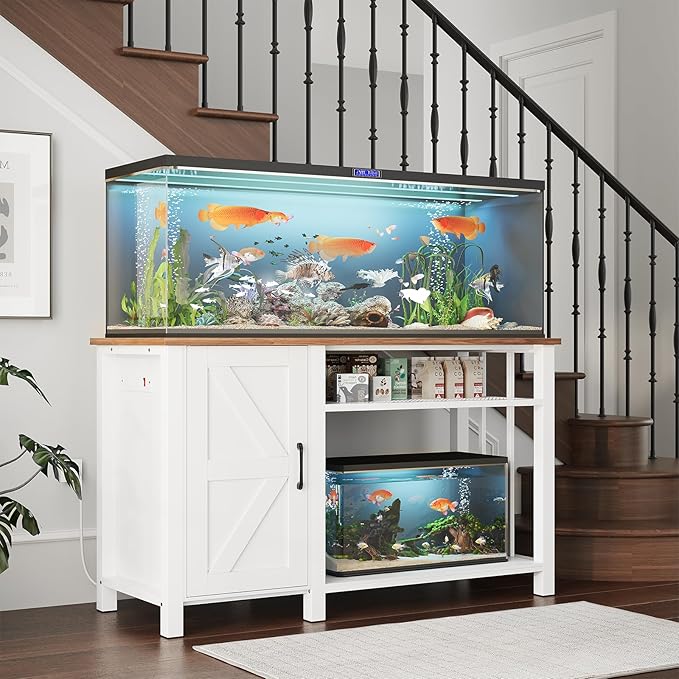 Aquarium Stand with Power Outlets, 55-75 Gallon Heavy Duty Fish Tank Stand with Cabinet Storage & Adjustable Shelf, for Fish Tank, Turtle Tank, Reptile Terrarium, 1000LBS Capacity, White