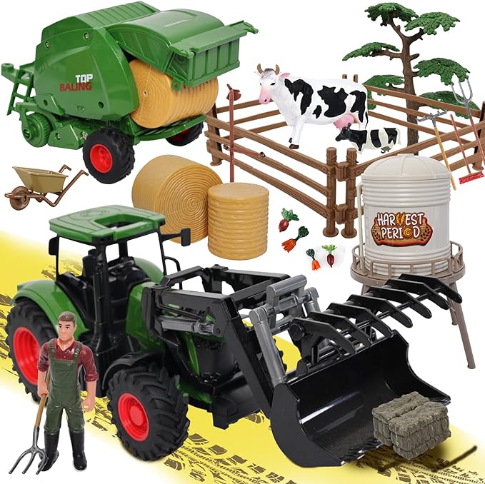 Farm Tractor Toys Set Bale Haying Round Baler with Barn Farmer,Cow,Farm Tools,Tree Farm Tractor Pla yset for Kids Toddler Boys Girls Ages 3-7 Years