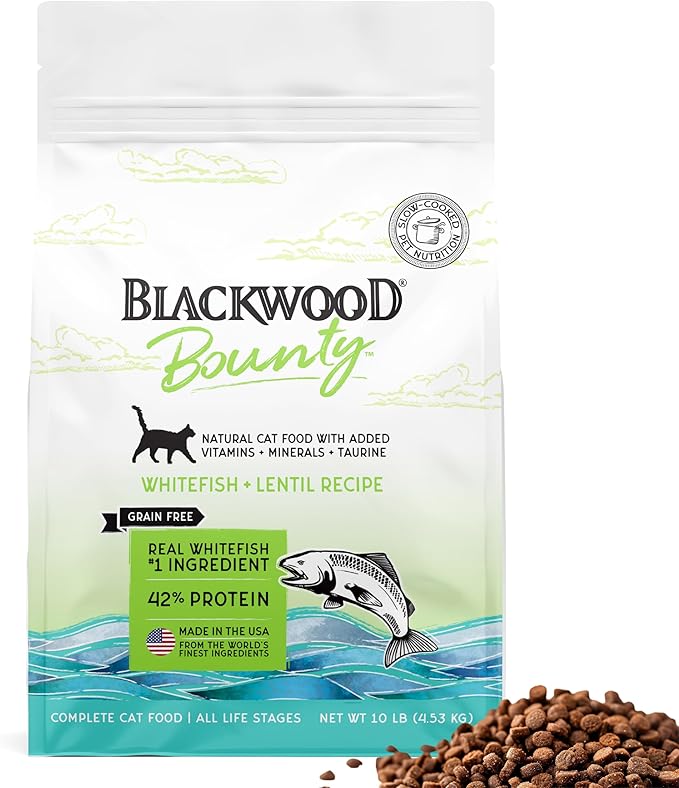 Blackwood Bounty Dry Cat Food, Whitefish & Lentil Recipe for All Life Stages, 10 Pound Bag, High Protein, Grain Free