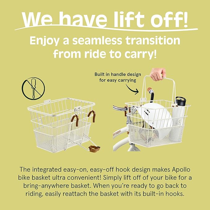 Retrospec Apollo Detachable Front Bike Basket Steel Half-Mesh with Integrated Detachable Hooks and Built-In Handle, Easy Assembly and Portability for Bicycles