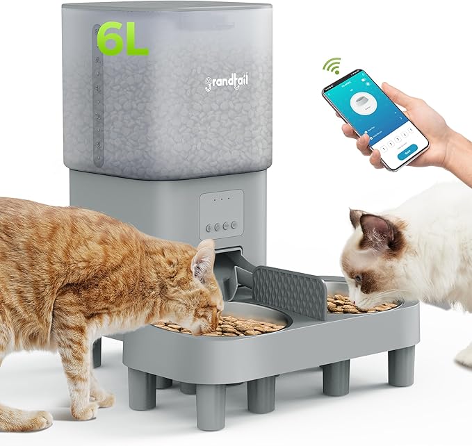 WiFi Automatic Cat Feeder with App - 6L Elevated Smart Food Dispenser for 2 Pets, Programmable 1-10 Meals, 2 Stainless Bowls & Dual Power