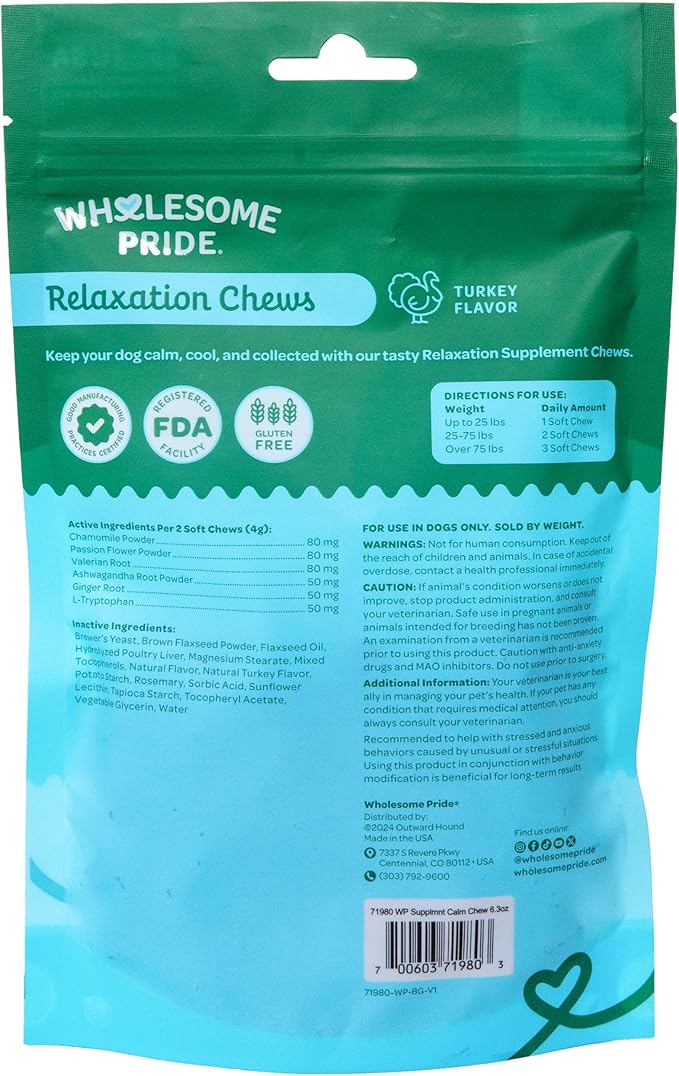 Wholesome Pride Calming Supplement for Dogs - 90 Soft Chews - Natural Anxiety Relief, Separation & Noise Stress Support with Herbal Ingredients, No Melatonin, Non-Drowsy