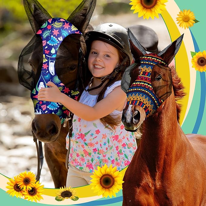 Chunful 6 Pcs Horse Fly Masks with Ears Smooth and Comfortable Cashel Mesh Fly Mask Elasticity Breathability UV Protection Horse Face Covering for Riding Supplies(Geometric,Large)