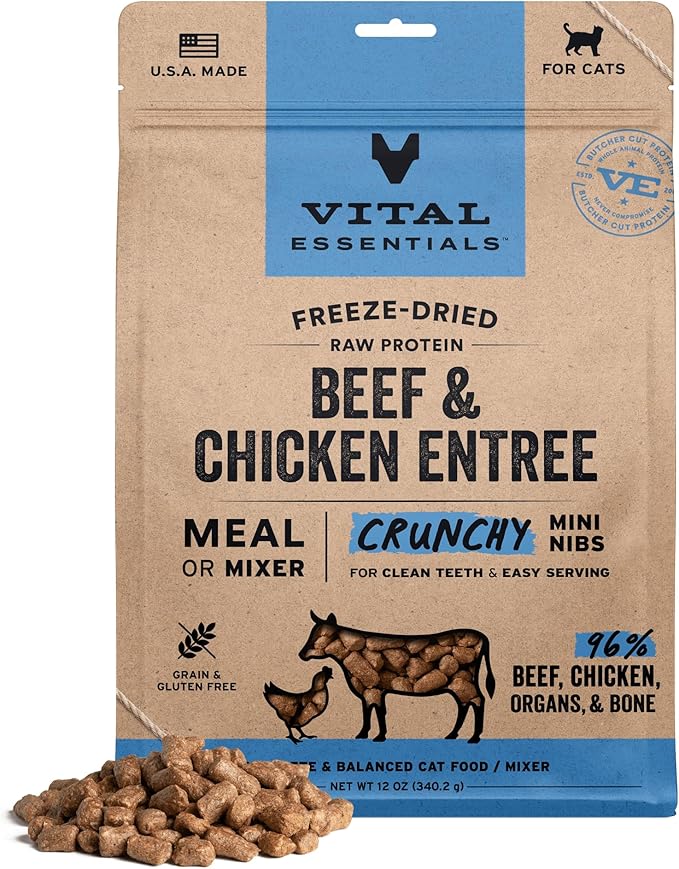 Vital Essentials Freeze-Dried Raw Beef & Chicken Meal or Mixer Cat Food Crunchy Nibs, 12 oz