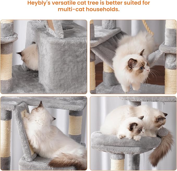Heybly Cat Tree, 68 inch Multi-Level Cat Tower for Indoor Cats, 2 Widened Plush Perches Cat Condo with Scratching Board and Big Caves, Light Gray HCT025W