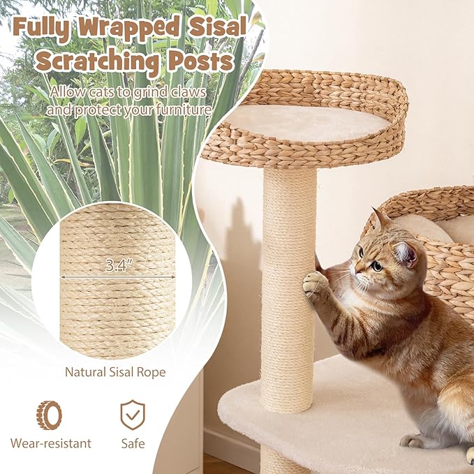 Tangkula Modern Cat Tree, Tall Cat Tower with Natural Sisal Scratching Post, Hand-Made Wicker Cat Condo & Top Perch, Funny Hanging Toy Ball, Cute Cat Tree Tower for Indoor Cats