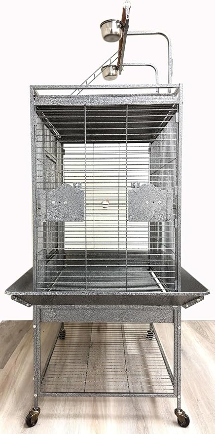 Extra Large Elegant and Durable Wrought Iron Climbing Ladder Perch Stand Play Top Ground Bird Parrot Metal Cage Around Seed Guard Storage Shelf with Heavy Duty Lockable Rolling Wheels