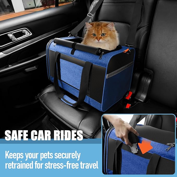 Pet Carrier Large Cats 20 lbs Top Load/Soft Sided Small Dog Travel Carriers/Collapsible Carrier Bag for Medium Cat Puppy/Sturdy Transport Carriers Long Trips/Medium Cats 15 pounds Blue