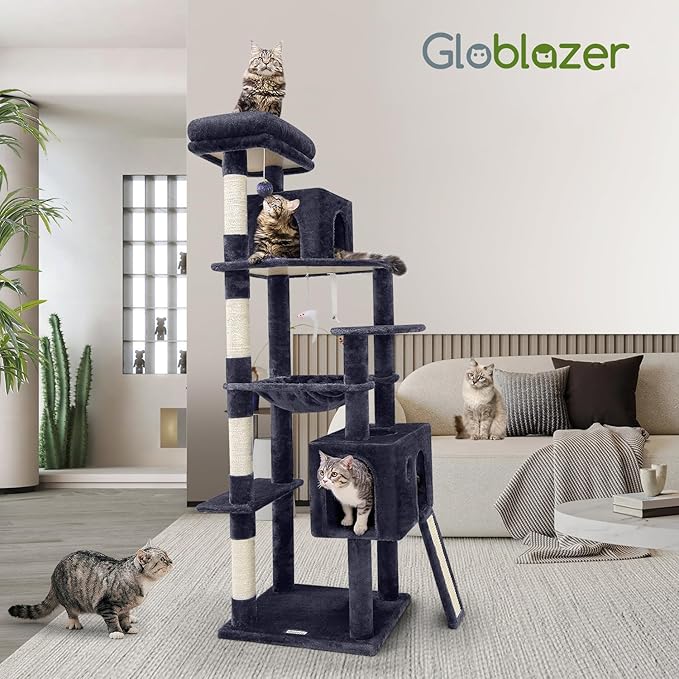 Globlazer Heavy Duty Cat Tree, 70 inch Sturdy Cat Tree for Indoor Cats Extra Large Cat Tower with Scratching Post, Hammock, Cat Condo for Adult Cats Kittens, F70 Pro, Dark Grey