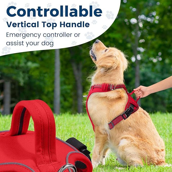 Funfox Dog Harness No Pull, Adjustable Pet Vest Harness, Super Soft Material with Vertical Handle Easy Control, Reflective Night Walking, 2 Leash Clips for Medium Sized Dogs, Red, M