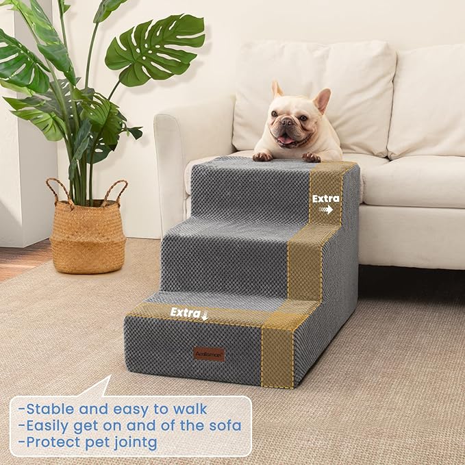 Dog Stairs for Small Dogs & Cats,3-Step Extra Wide Non-Slip Pet Steps for Couch Sofa and Chair,Grey,15.7" H