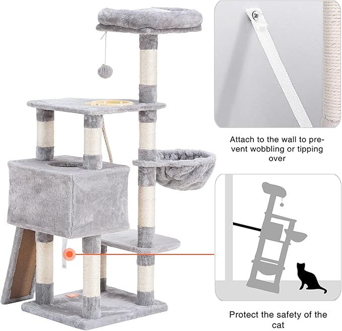 Heybly Cat Tree, Cat Tower for Indoor Cats with Scratching Board, Multi-Level Cat Furniture Condo with Feeding Bowl, Light Gray HCT010W