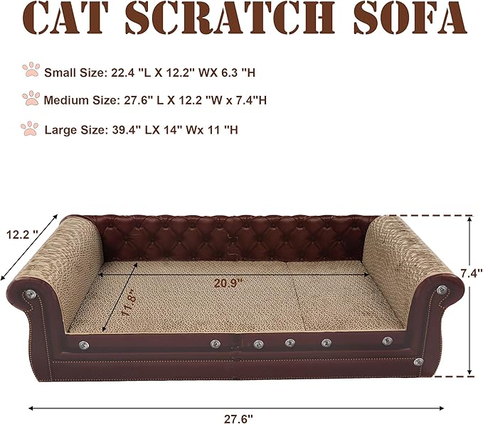 Scratching Sofa, Couch Shaped Thick Scratching Cardboard, Lounge Bed for Indoor Rest&Play, Sofa Scratcher Pad (Brown, 27.6" L X 12.2" W X 7.4" H)