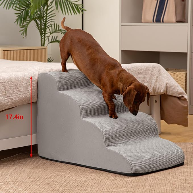 4-Step Dog Stairs and Ramp for Beds or Couches,Non-Slip Sturdy Pet Steps for Small Dogs and Cats,17.4" H,Light Grey
