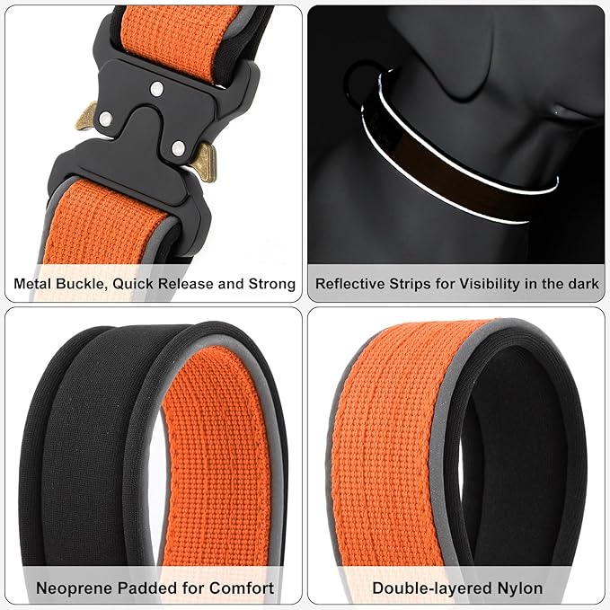 Plutus Pet Tactical Dog Collar, Reflective, Adjustable Heavy Duty Dog Collar, Soft Padded and Comfortable, for Small Medium and Large Dogs (Orange, XS)