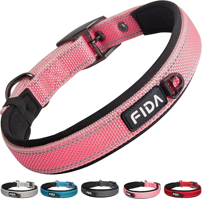 Fida Heavy Duty Dog Collar, Ultra Comfortable Soft Neoprene Padded, Adjustable Reflective Nylon Pet Collar with Durable Metal Belt Buckle for Medium Breeds (M, Pink)