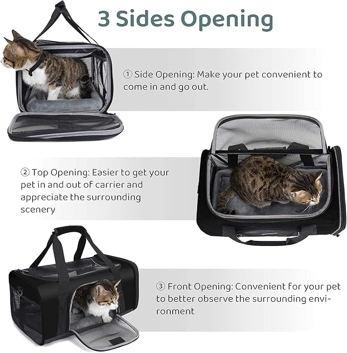TSA Approved Pet Carrier for Small Medium Cats and Dogs | Dog Carrier with Adequate Ventilation | 4 Mesh Windows, 3 Entrance, Locking Safety Zippers, Padded Shoulder Strap, Black