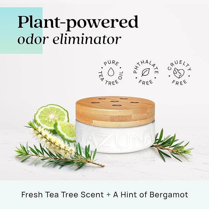Azuna Air Freshener & Odor Eliminator Gel 4 Room Kit, Includes (4) 8 oz. Empty Luxe Glass Jars & 24 oz. Refill with Tea Tree Essential Oil, Amalfi Breeze, Works 24/7 for 60-90 Days