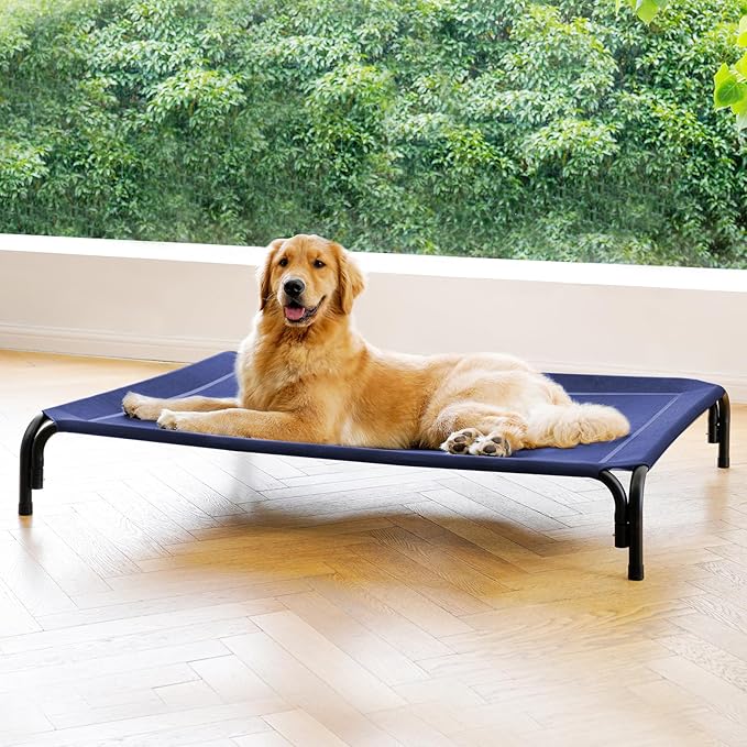 Elevated Dog Bed Raised Outdoor Dog Cot for Large Dogs, Installation Requires No Tools, Frame with Washable Cooling Breathable Mesh Anti-Slip Feet, Indoor Pet Bed, Blue, 43.3 Inches