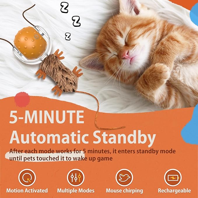 Interactive Cat Toys Ball Mouse Chirping Game Motion Activated Play Cat Ball Fast Rolling on Carpet, for High Energy Kittens